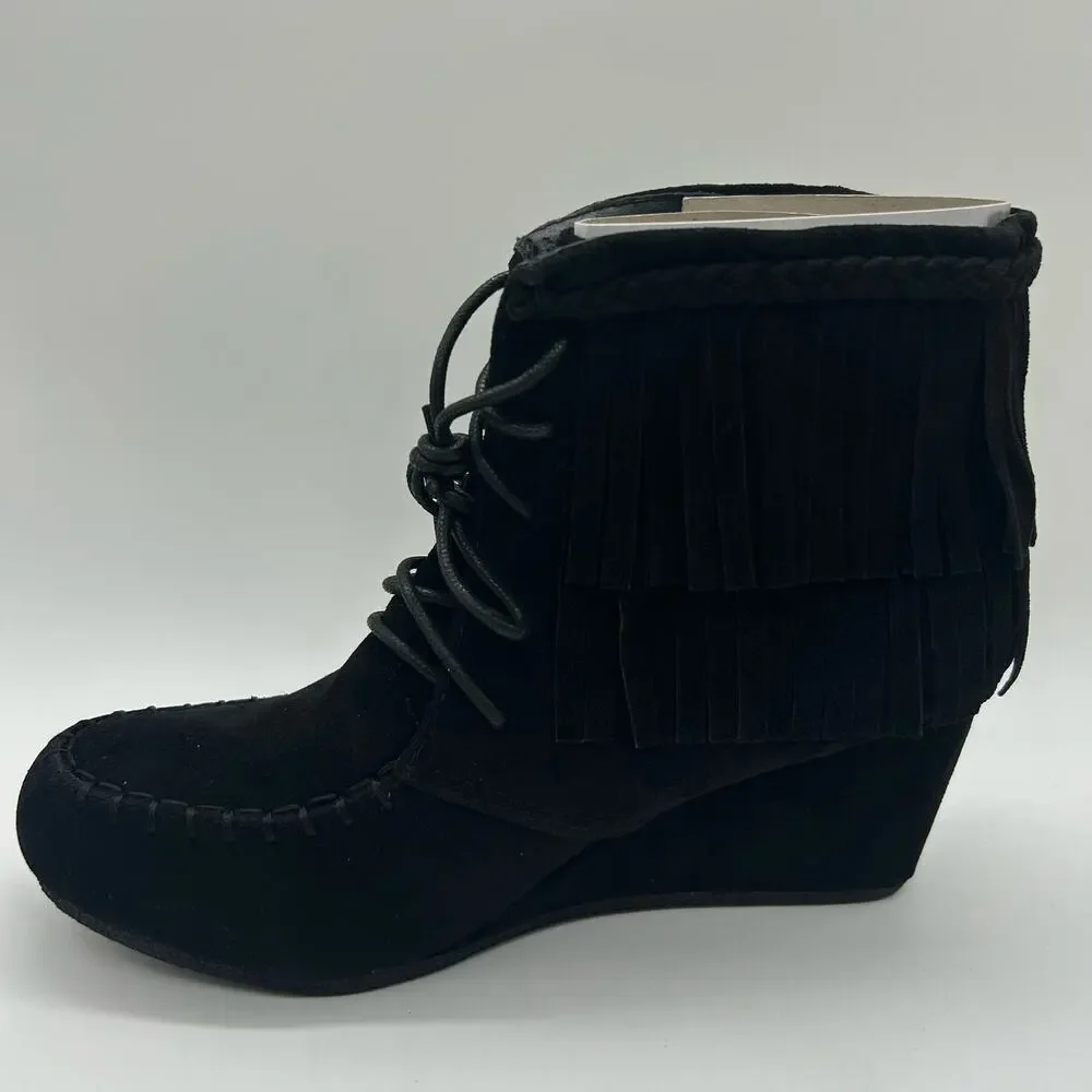 Top Moda Boots Womens 6.5‎ Black Moc Toe Lace Up Wedge Moccasin Bootie NEW